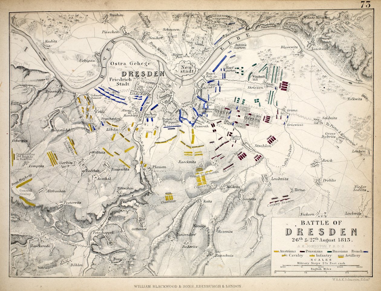 A drezdai csata térképe, William Blackwood and Sons, Edinburgh és London, 1848 (kézzel színezett metszet) alkotó: Alexander Keith Johnston