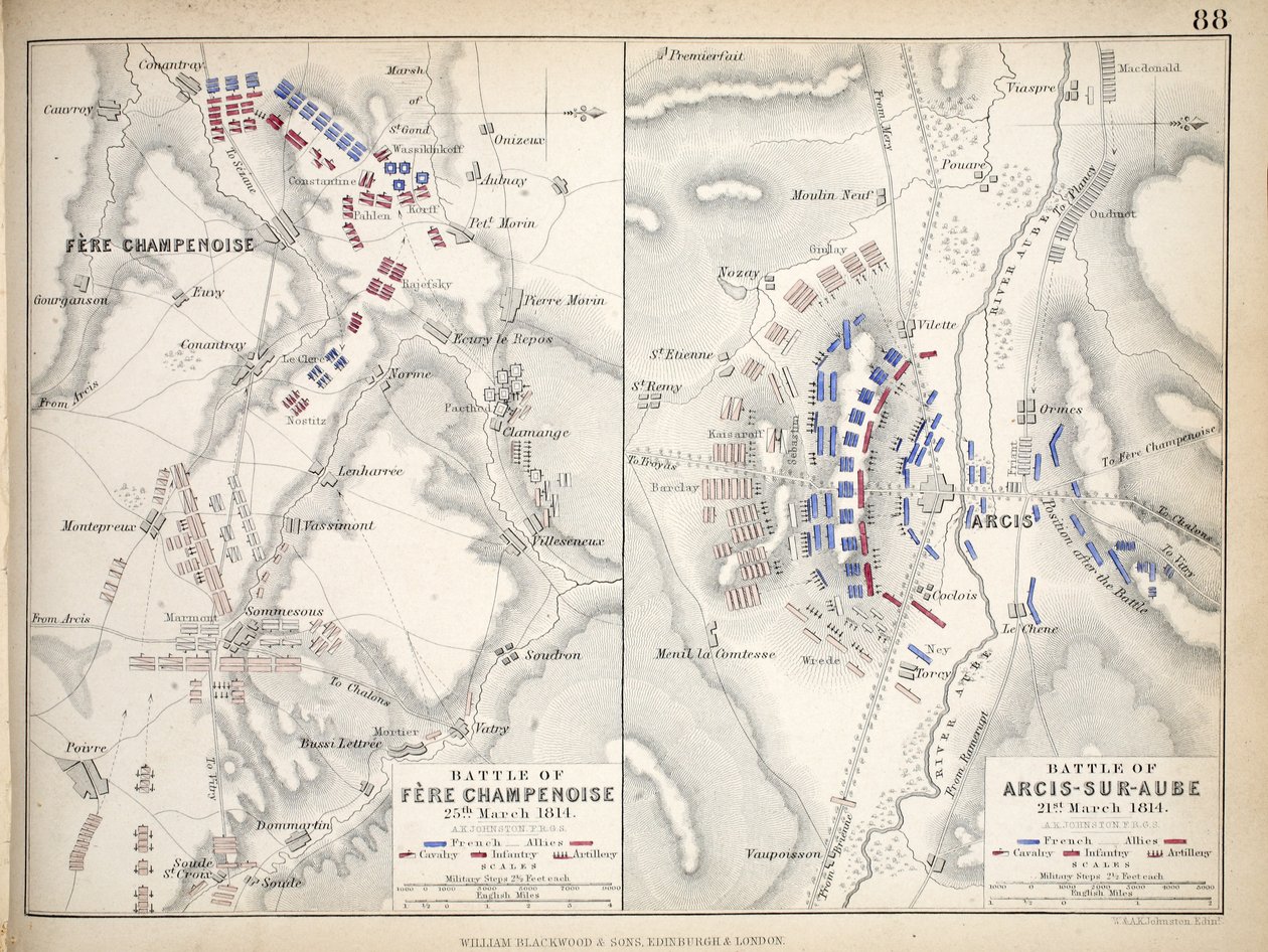 A Fere Champenoise-i és az Arcis-Sur-Aube-i csaták térképe, kiadó: William Blackwood and Sons, Edinburgh és London, 1848 (kézzel színezett metszet) alkotó: Alexander Keith Johnston