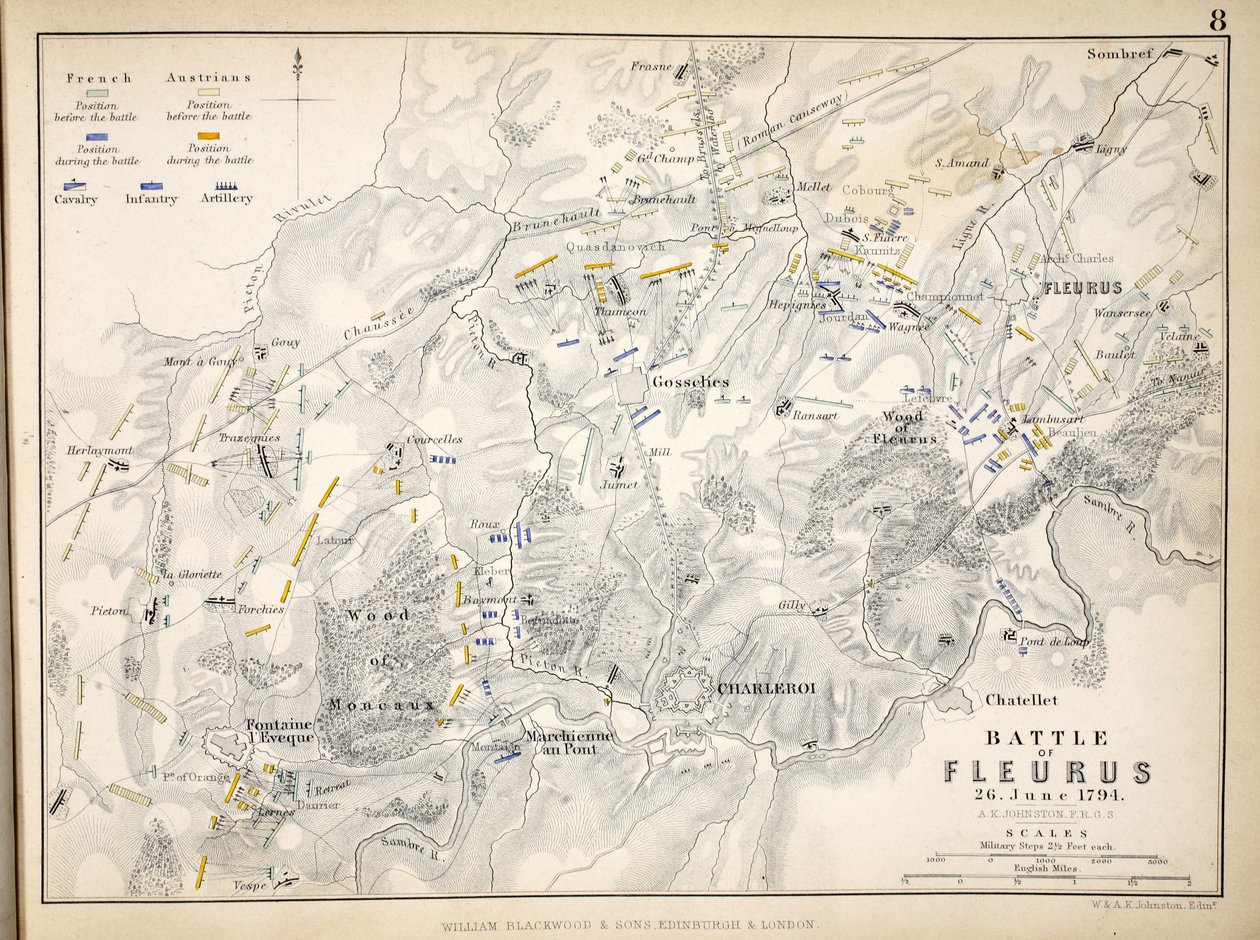 A fleurusi csata térképe, William Blackwood and Sons, Edinburgh és London, 1848 (kézzel színezett metszet) alkotó: Alexander Keith Johnston