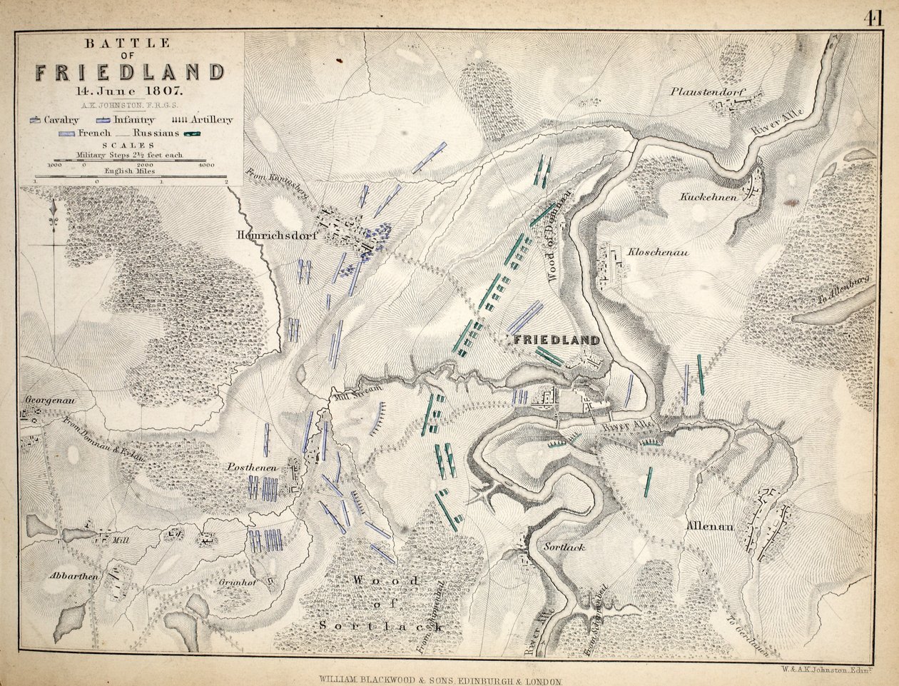 A friedlandi csata térképe, kiadó: William Blackwood and Sons, Edinburgh és London, 1848 (kézzel színezett metszet) alkotó: Alexander Keith Johnston