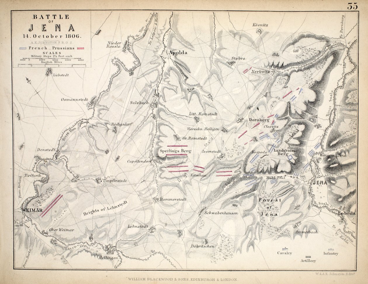 A jénai csata térképe, kiadó: William Blackwood and Sons, Edinburgh és London, 1848 (kézzel színezett metszet) alkotó: Alexander Keith Johnston