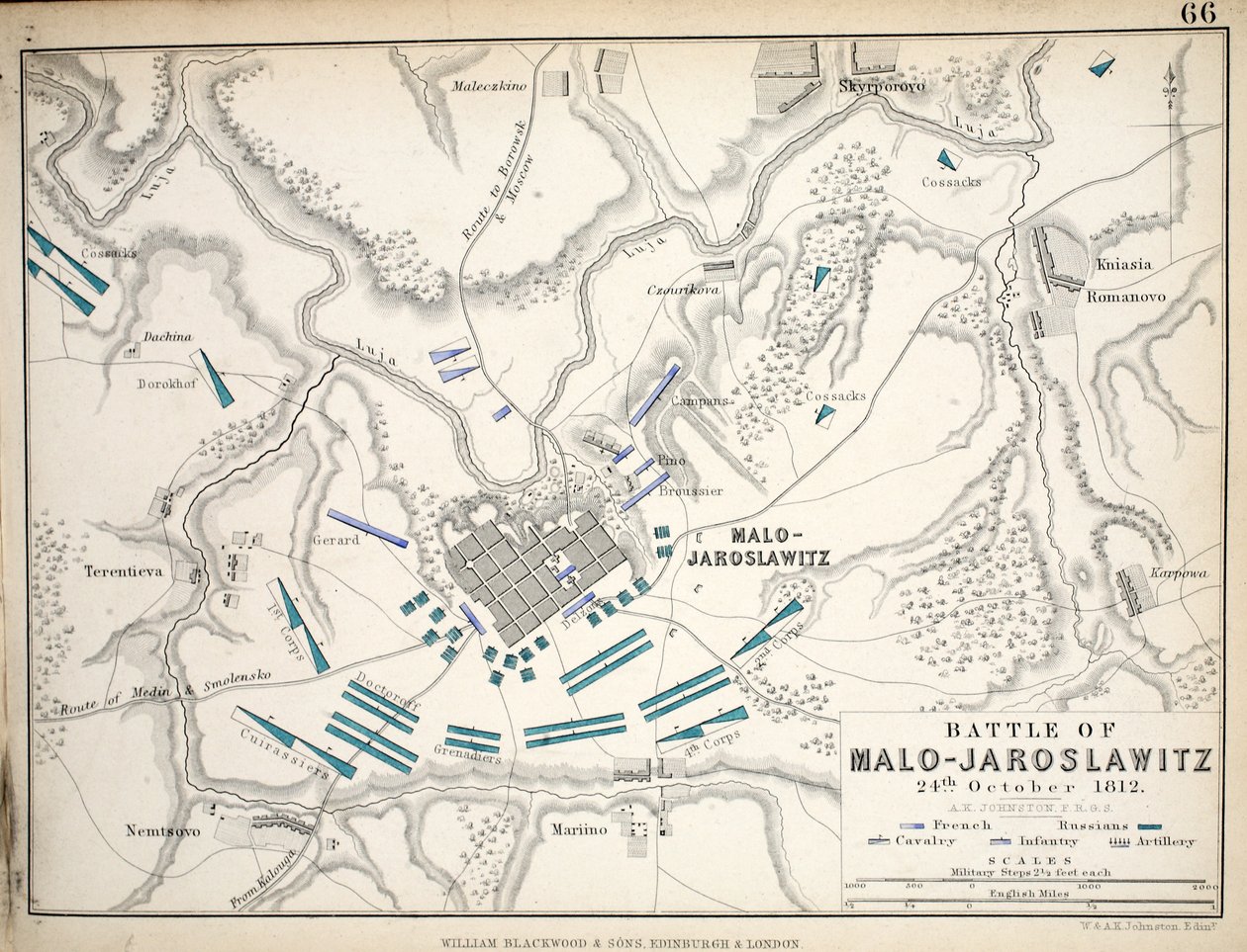 A malo-jaroslawitzi csata térképe, kiadó: William Blackwood and Sons, Edinburgh és London, 1848 (kézzel színezett metszet) alkotó: Alexander Keith Johnston