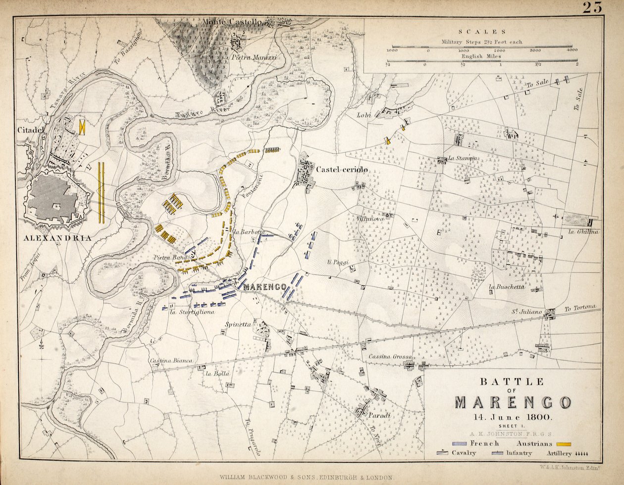 A marengói csata térképe, kiadó: William Blackwood and Sons, Edinburgh és London, 1848 (kézzel színezett metszet) alkotó: Alexander Keith Johnston
