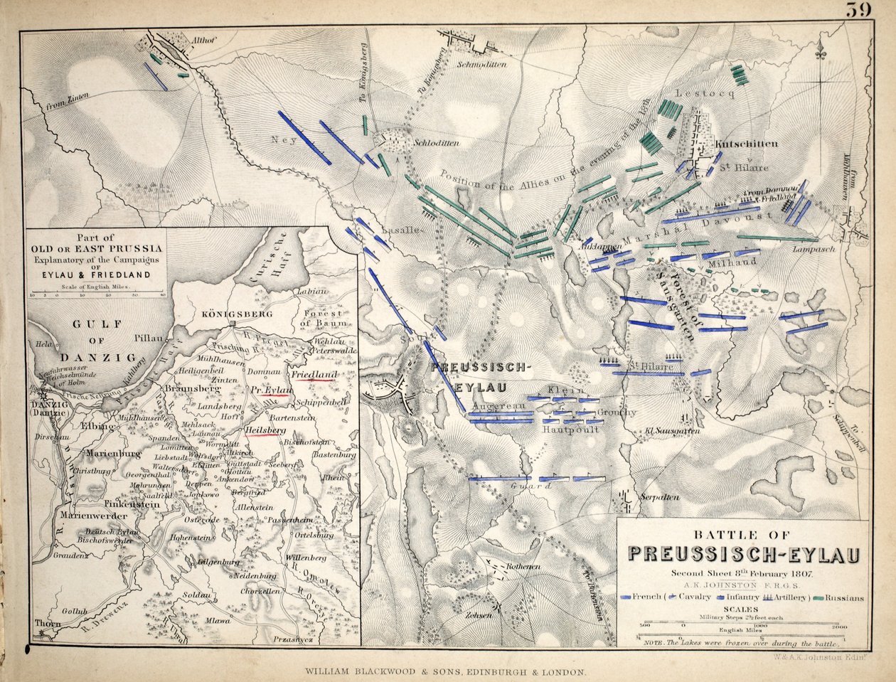 A Preussisch-Eylau-i csata térképe, kiadó: William Blackwood and Sons, Edinburgh és London, 1848 (kézzel színezett metszet) alkotó: Alexander Keith Johnston