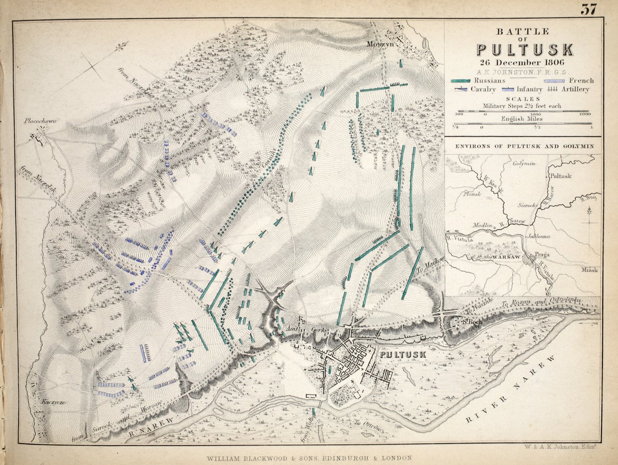 A pultuski csata térképe, kiadó: William Blackwood and Sons, Edinburgh és London, 1848 (kézzel színezett metszet) alkotó: Alexander Keith Johnston