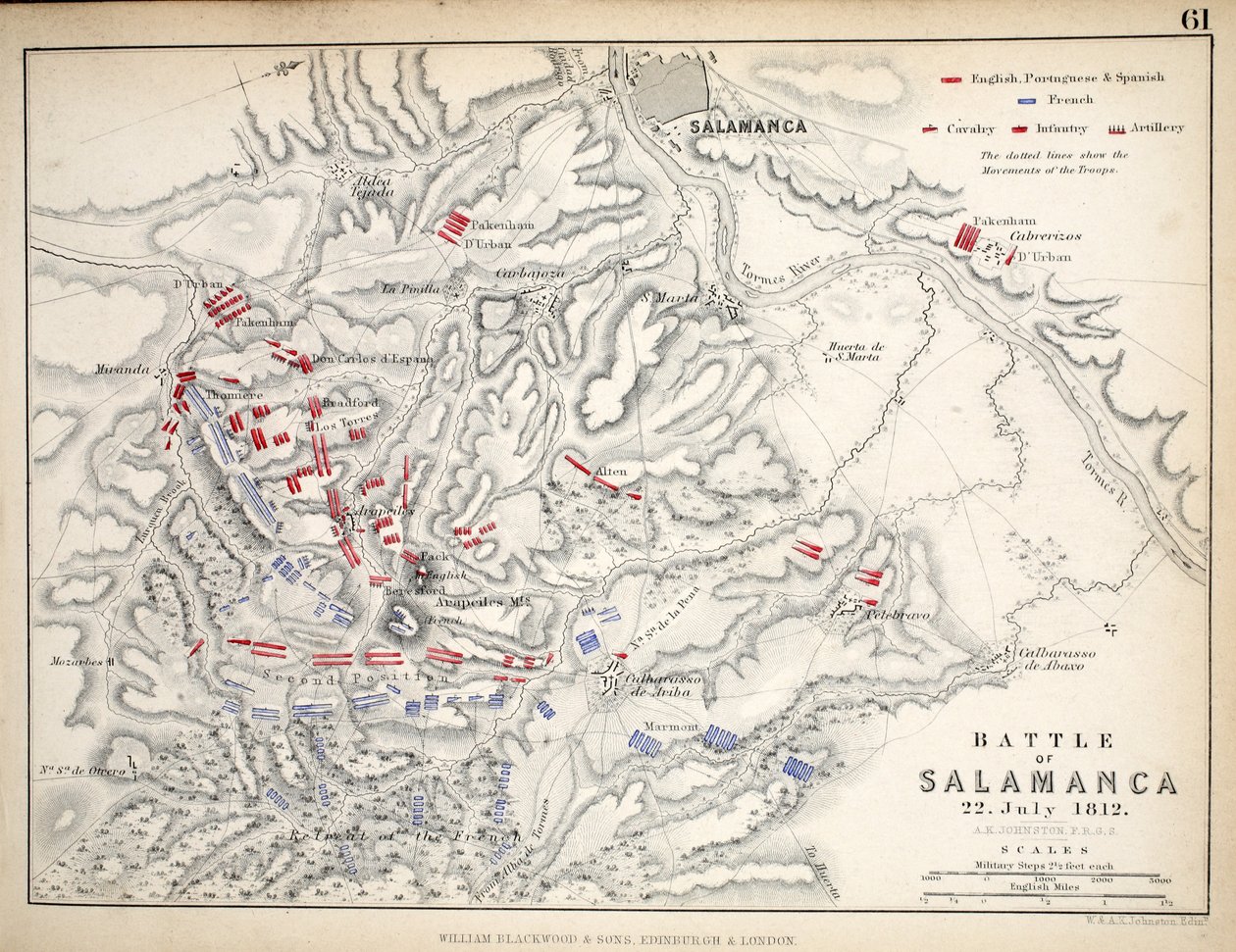 A salamancai csata térképe, William Blackwood and Sons, Edinburgh és London, 1848 (kézzel színezett metszet) alkotó: Alexander Keith Johnston