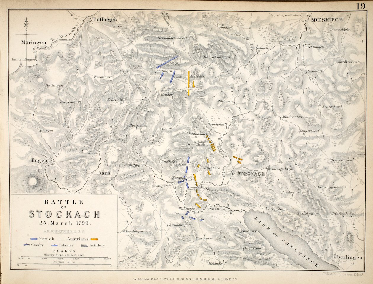 A stockachi csata térképe, kiadó: William Blackwood and Sons, Edinburgh és London, 1848 (kézzel színezett metszet) alkotó: Alexander Keith Johnston