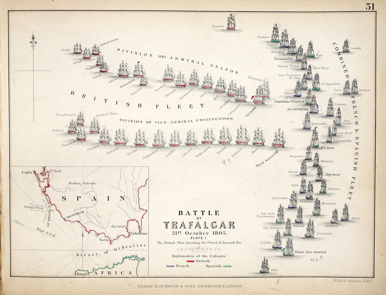 A trafalgari csata térképe, kiadó: William Blackwood and Sons, Edinburgh és London, 1848 (kézzel színezett metszet). alkotó: Alexander Keith Johnston