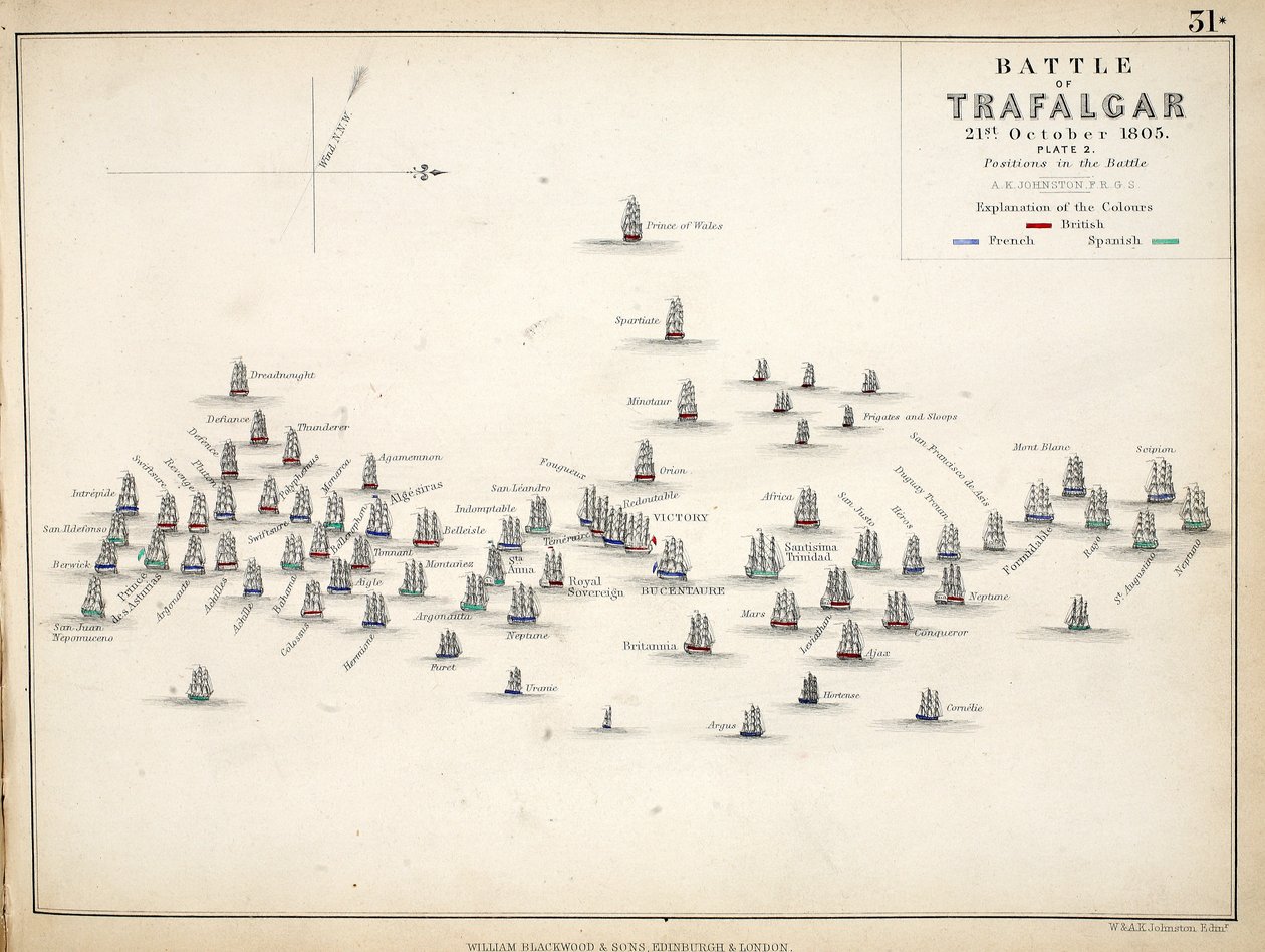 A trafalgari csata térképe, kiadó: William Blackwood and Sons, Edinburgh és London, 1848 (kézzel színezett metszet) alkotó: Alexander Keith Johnston