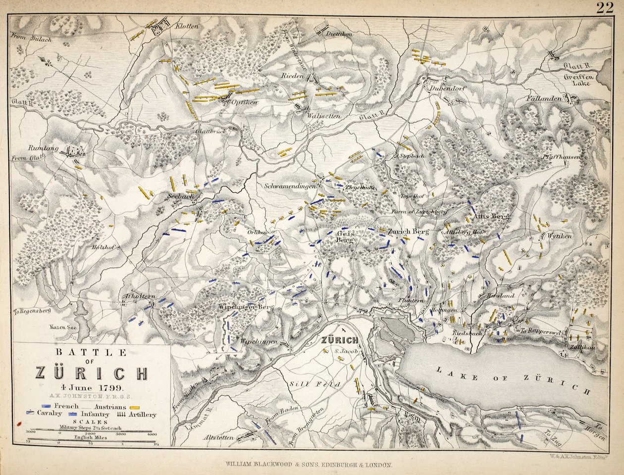 A zürichi csata térképe, William Blackwood and Sons, Edinburgh és London, 1848 (kézzel színezett metszet) alkotó: Alexander Keith Johnston