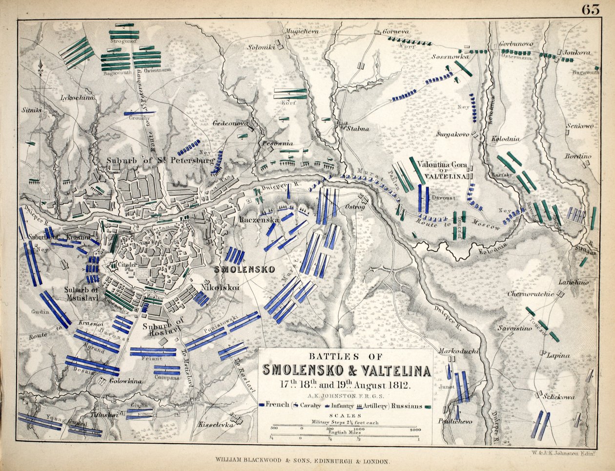 A szmolenskói és valtelinai csaták térképe, kiadó: William Blackwood and Sons, Edinburgh és London, 1848 (kézzel színezett metszet) alkotó: Alexander Keith Johnston