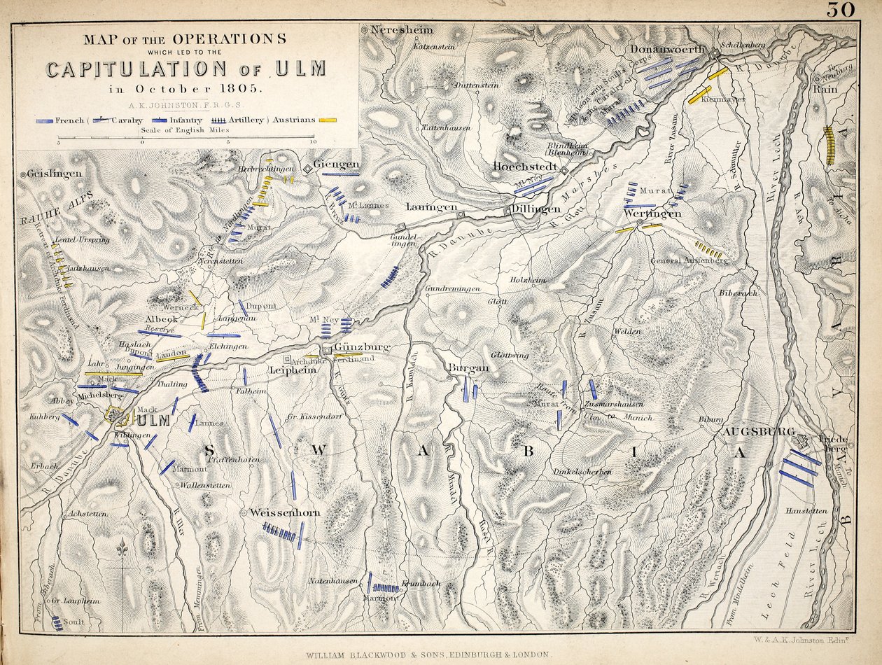 Az ulmi kapitulációhoz vezető műveletek térképe, William Blackwood and Sons, Edinburgh és London, 1848 (kézzel színezett metszet) alkotó: Alexander Keith Johnston