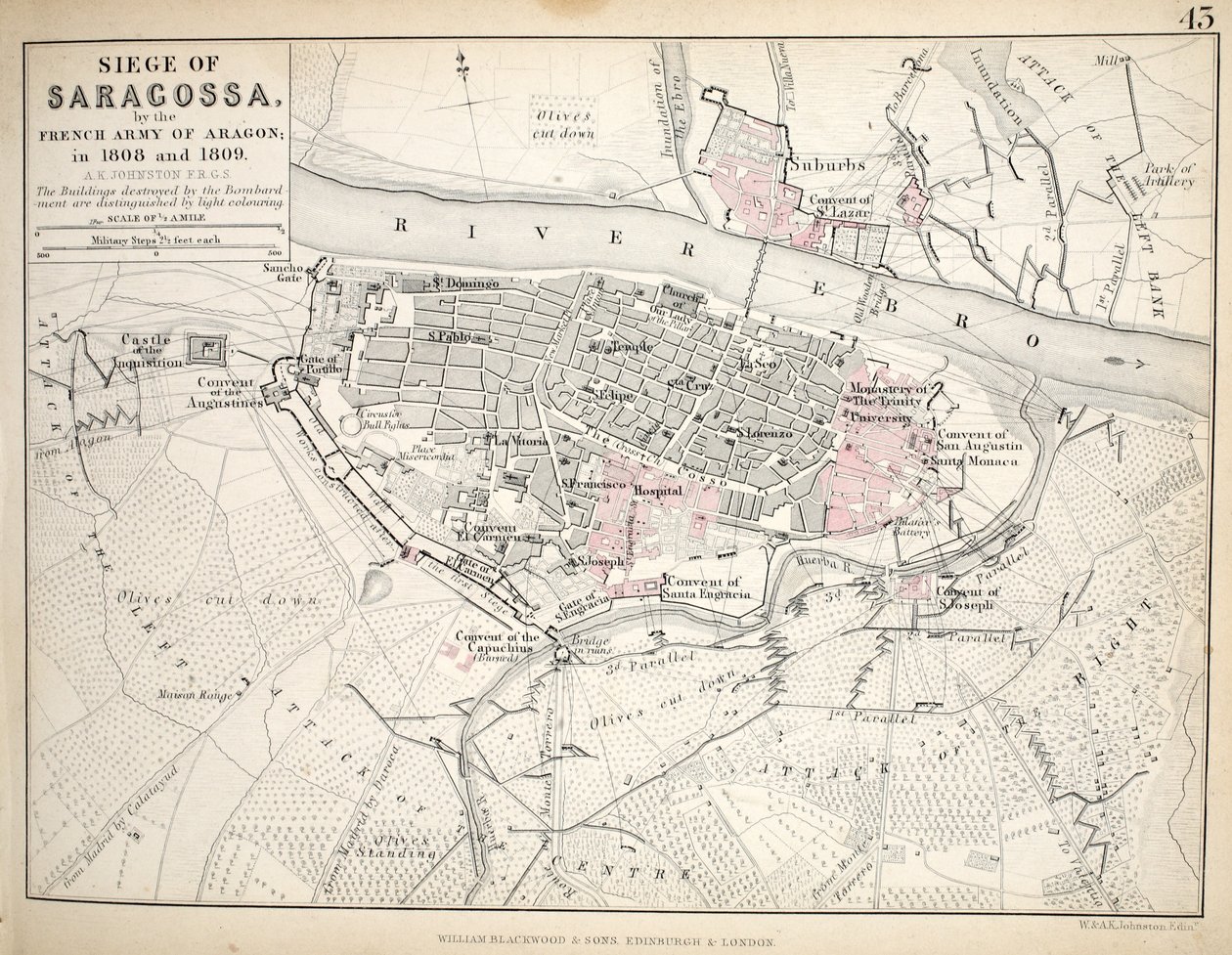 Saragossa ostromának térképe, William Blackwood and Sons, Edinburgh és London, 1848 (kézzel színezett metszet) alkotó: Alexander Keith Johnston
