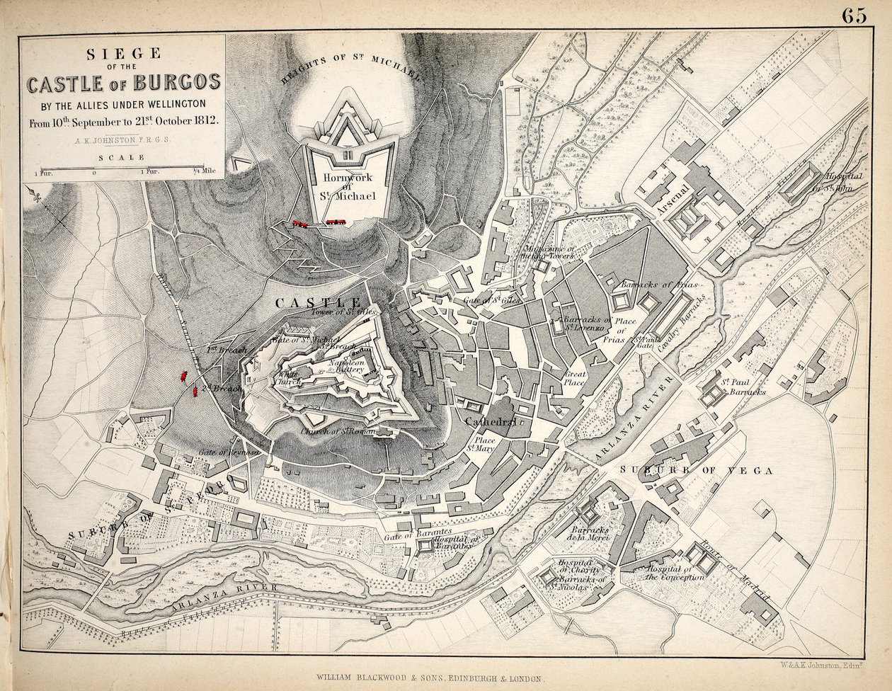 A burgosi vár ostromának térképe, kiadó: William Blackwood and Sons, Edinburgh és London, 1848 (kézi színezésű metszet). alkotó: Alexander Keith Johnston