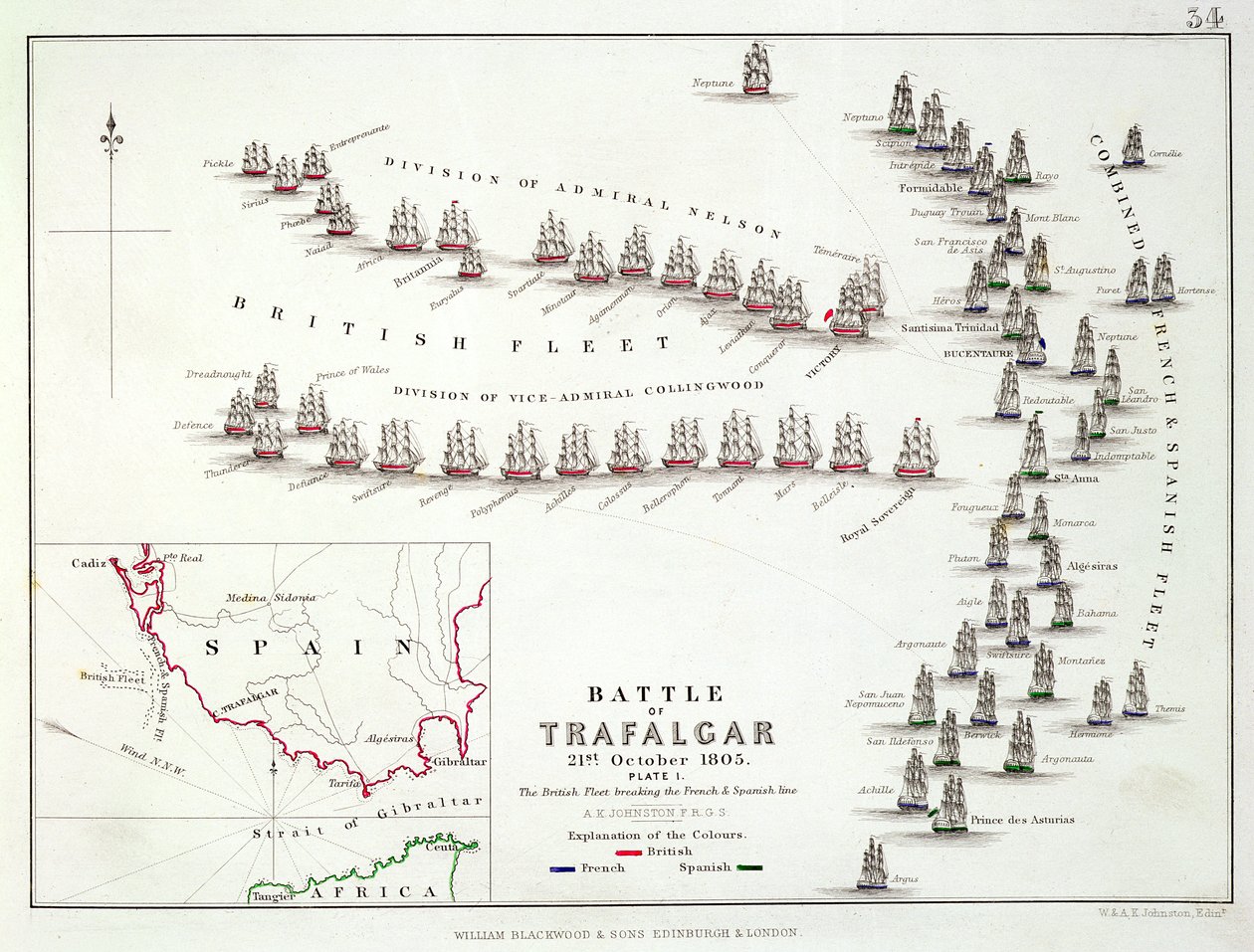A trafalgari csata, 1805. október 21., A britek áttörik a francia és spanyol vonalat, 1830-as évek alkotó: Alexander Keith Johnston