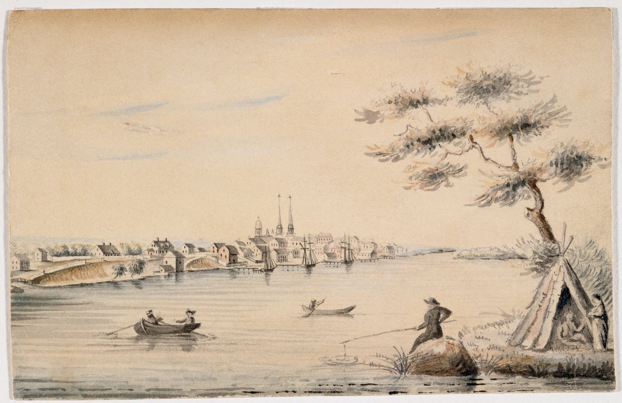 Detroit a kanadai partról nézve 1821-ben (fekete tinta és WC ceruzával papíron) alkotó: Alexander Macomb