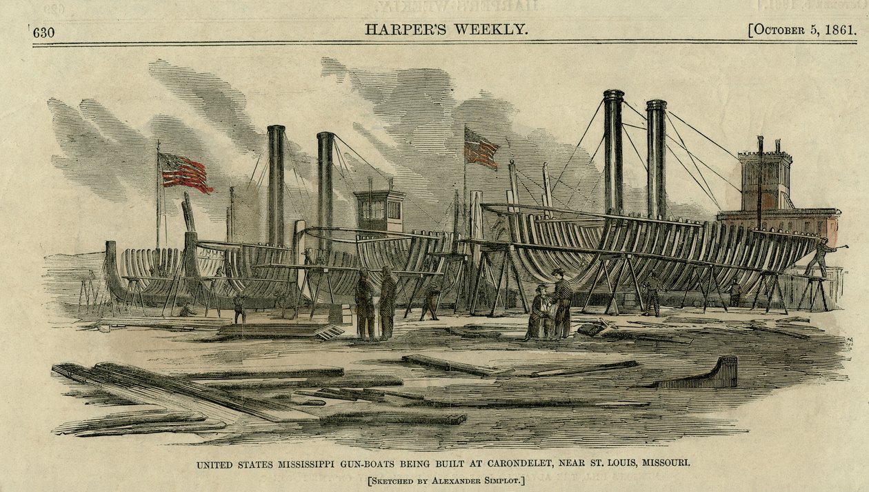 Az Egyesült Államok Mississippi fegyvercsónakjait építik Carondeletben, St. Louis közelében, Missouri alkotó: Alexander Simplot