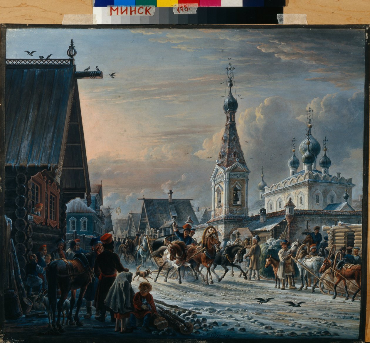 Orosz postaszánok (trojka), amelyek télen az utcán keringenek, és üdvözlik az úton lévőket (Utca postakocsikkal) - Alekszandr Osipovich Orlowski (1777-1832) festménye alkotó: Alexander Orlowski