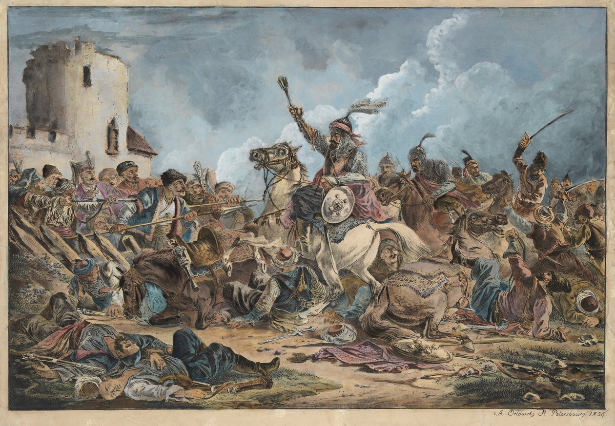 Bataille entre les Georgiens et les tribus de montagne - Csata a grúzok és a hegyi törzsek között - Orlowski (Orlovsky), Alekszandr Osipovich (1777-1832) - 1826 - Litográfia, akvarell - 54x77 - Magángyűjtemény alkotó: Alexander Orlowski