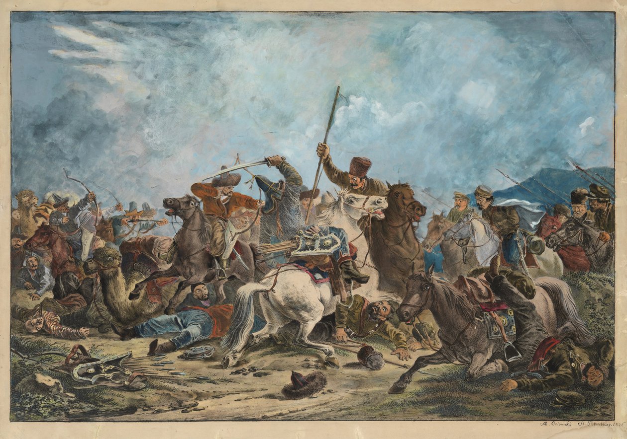 Kirgizek (Kirgizek) és kozákok - Kirgizek és kozákok harca - Orlowski (Orlovszkij), Alekszandr Oszipovics (1777-1832) - 1826 - Litográfia, akvarell - 54x77 - Magángyűjtemény alkotó: Alexander Orlowski