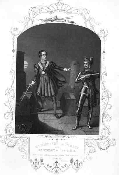 Mr Macready mint Hamlet és Mr Stuart mint a szellem, I. felvonás 5. jelenet, William Shakespeare (1564-1616) Hamlet című művében, metszette George Hollis (1792-1842) (metszet). alkotó: Alexander (after) Reid