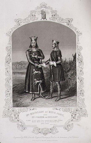 Mr. Macready mint John király és Mr. Cooper mint Hubert, a „János király” III. felvonása, 3. jelenet, George Hollis (1792-1842) pub metszetében. szerző: John Tallis & Co. (litho) alkotó: Alexander (after) Reid