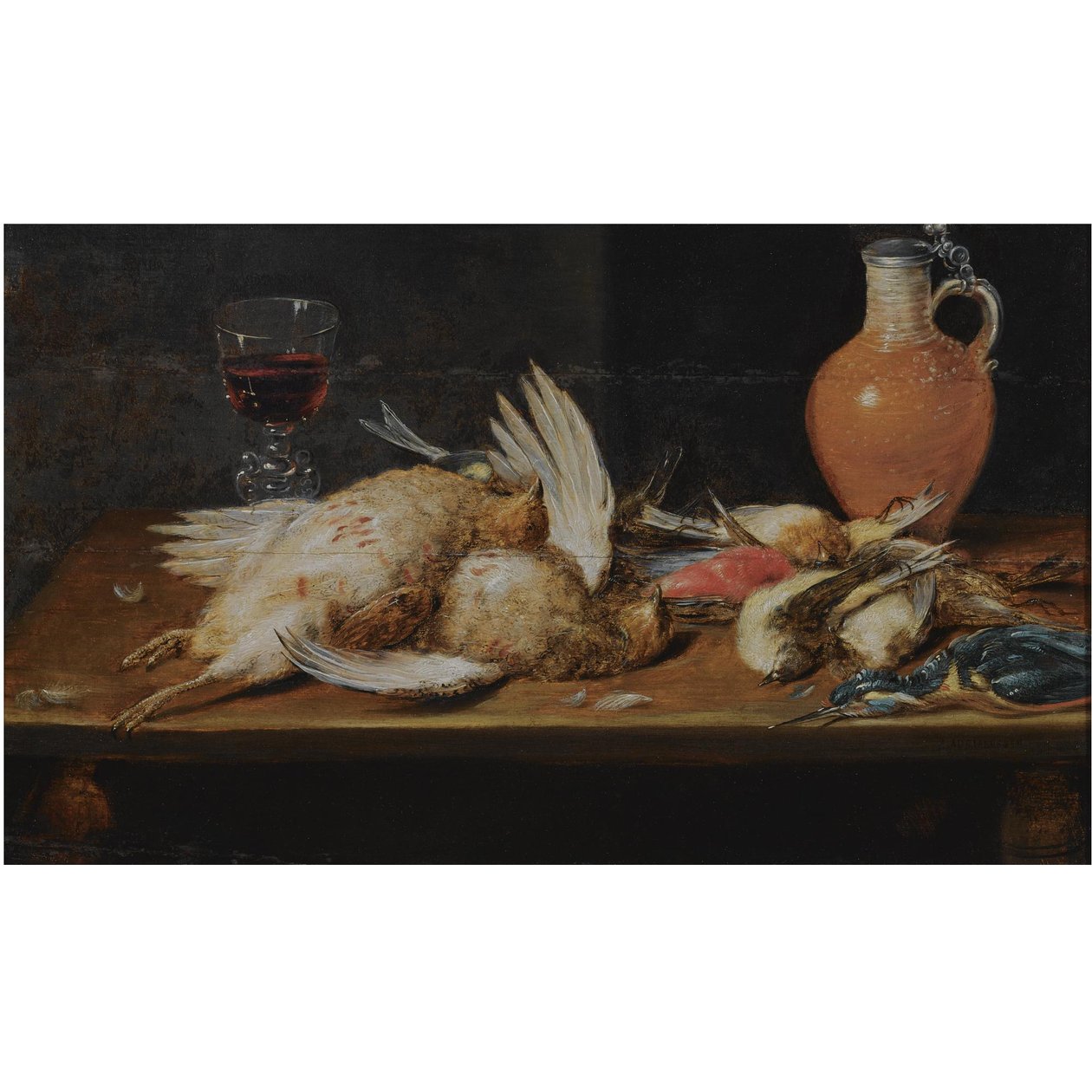 Csendélet vörösbegy, jégmadár, partifecske és énekesmadarak, mindezek egy faasztalon, valamint egy pohár és egy cserépkorsó. alkotó: Alexander Adriaenssen