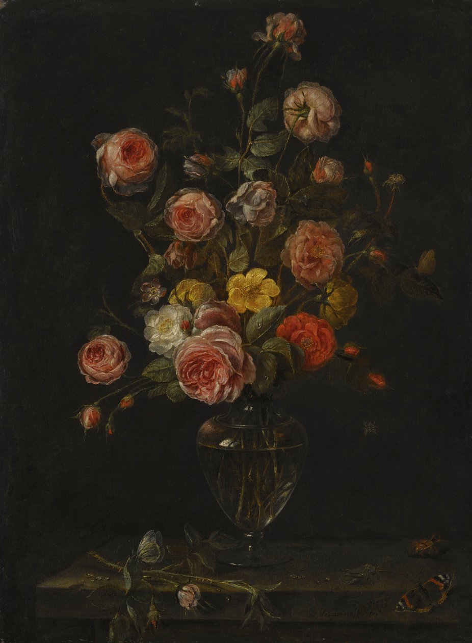 Csendélet piros, fehér és rózsaszín rózsákkal üvegvázában, kőpárkányon, pillangókkal, szöcskével és bogárral. alkotó: Alexander Adriaenssen