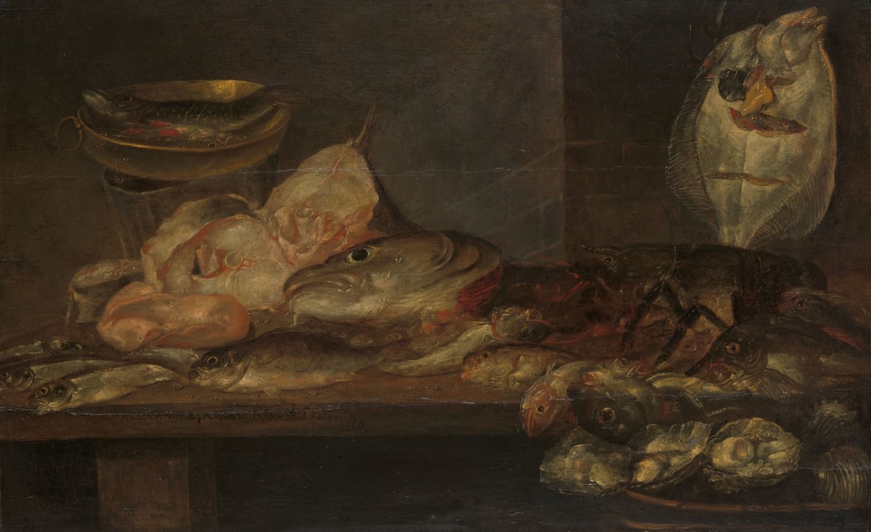 Csendélet hallal, homárral és osztrigával az asztalon a közelben alkotó: Alexander Adriaenssen