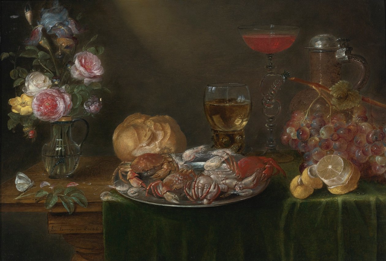 Csendélet virágos vázával, óntányérral, rákokkal és garnélarákkal, borospoharakkal, kancsóval, szőlővel és citrommal. alkotó: Alexander Adriaenssen