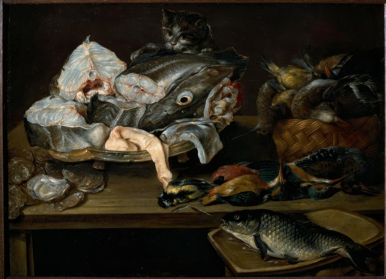 Csendélet hallal, tenger gyümölcseivel, baromfival és macskával alkotó: Alexander van Adriaenssen