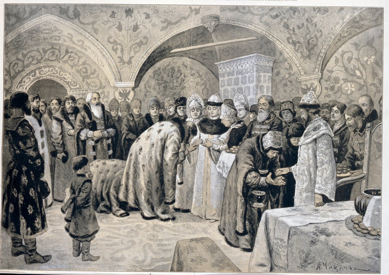 A cárnő fogadása a húsvéti matiné után. Alekszandr Andrejevics Chikin (1865-1924) munkája, litográfia. orosz művészet alkotó: Alexander Andreyevich Chikin