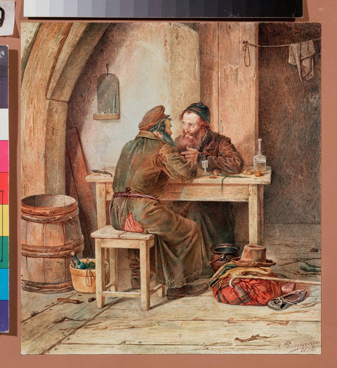 Dans une taverne - Egy kocsmában - Alexander Antonovich Rizzoni (1836-1902) munkája, akvarell papíron alkotó: Alexander Antonovich Rizzoni