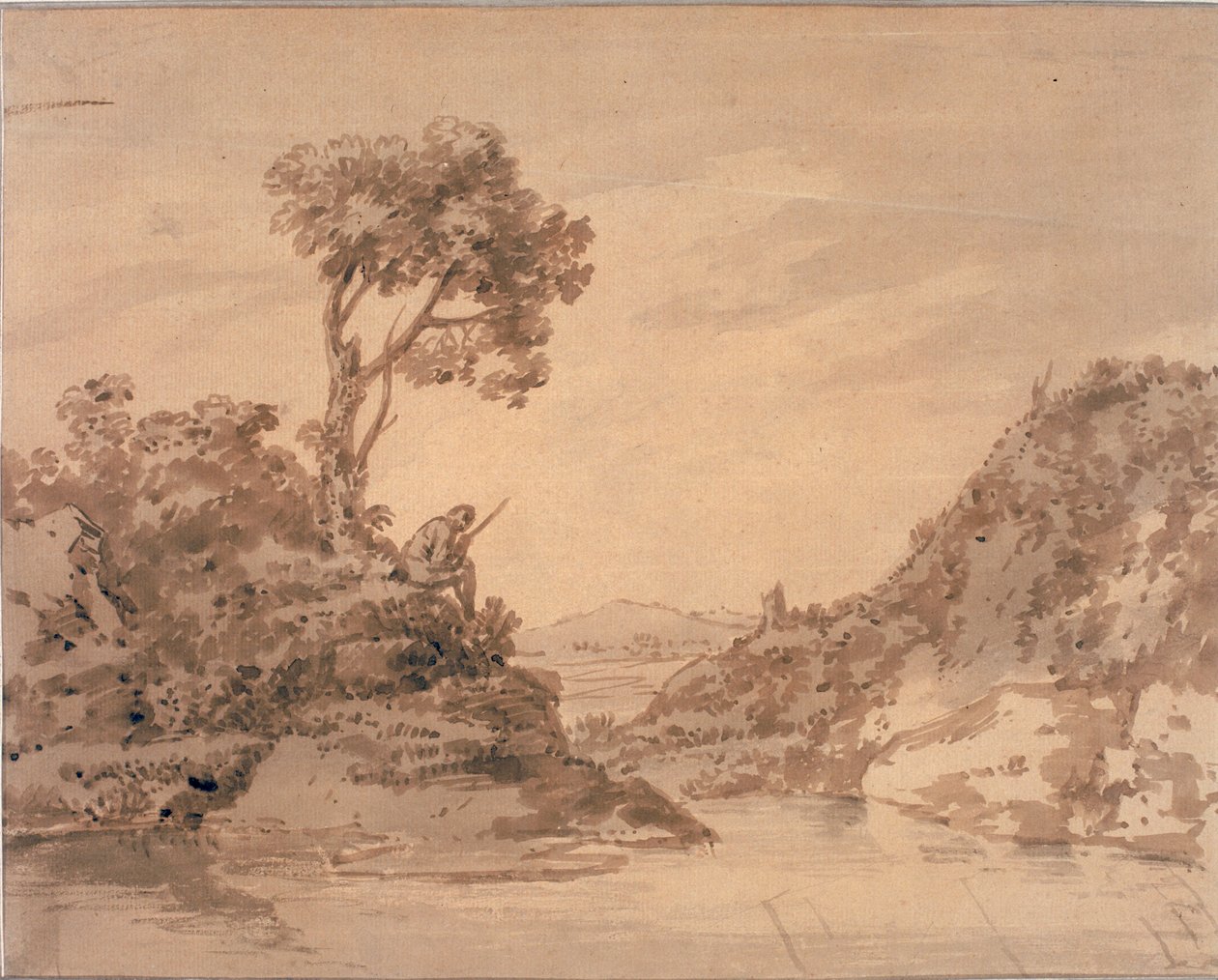 Táj figurával a medence partján (akvarell, szépia és mosás) alkotó: Alexander Cozens