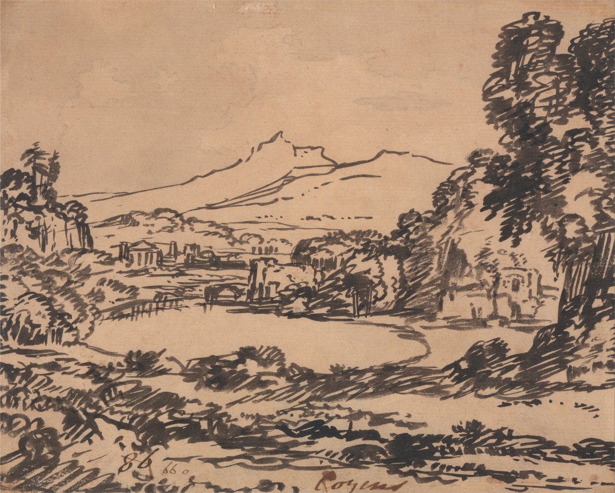Tájkép tóval és távoli hegyekkel alkotó: Alexander Cozens