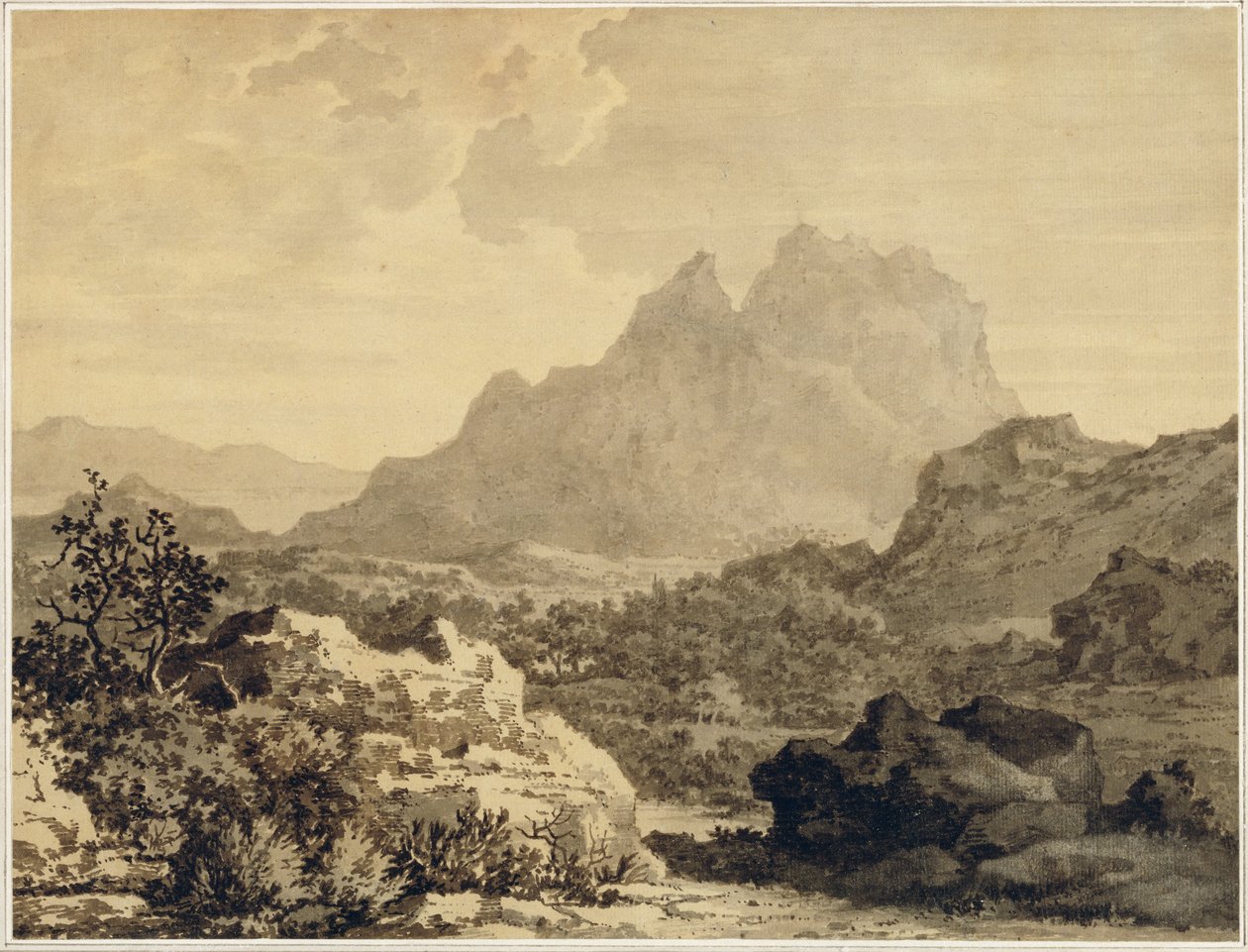 Hegyvidéki táj, 1780 körül (szürke és barna mosás barna alapozású papíron) alkotó: Alexander Cozens