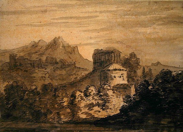 Hegyvidéki táj olaszos épületekkel (ceruza, toll és tus, tusmosás, papír) alkotó: Alexander Cozens