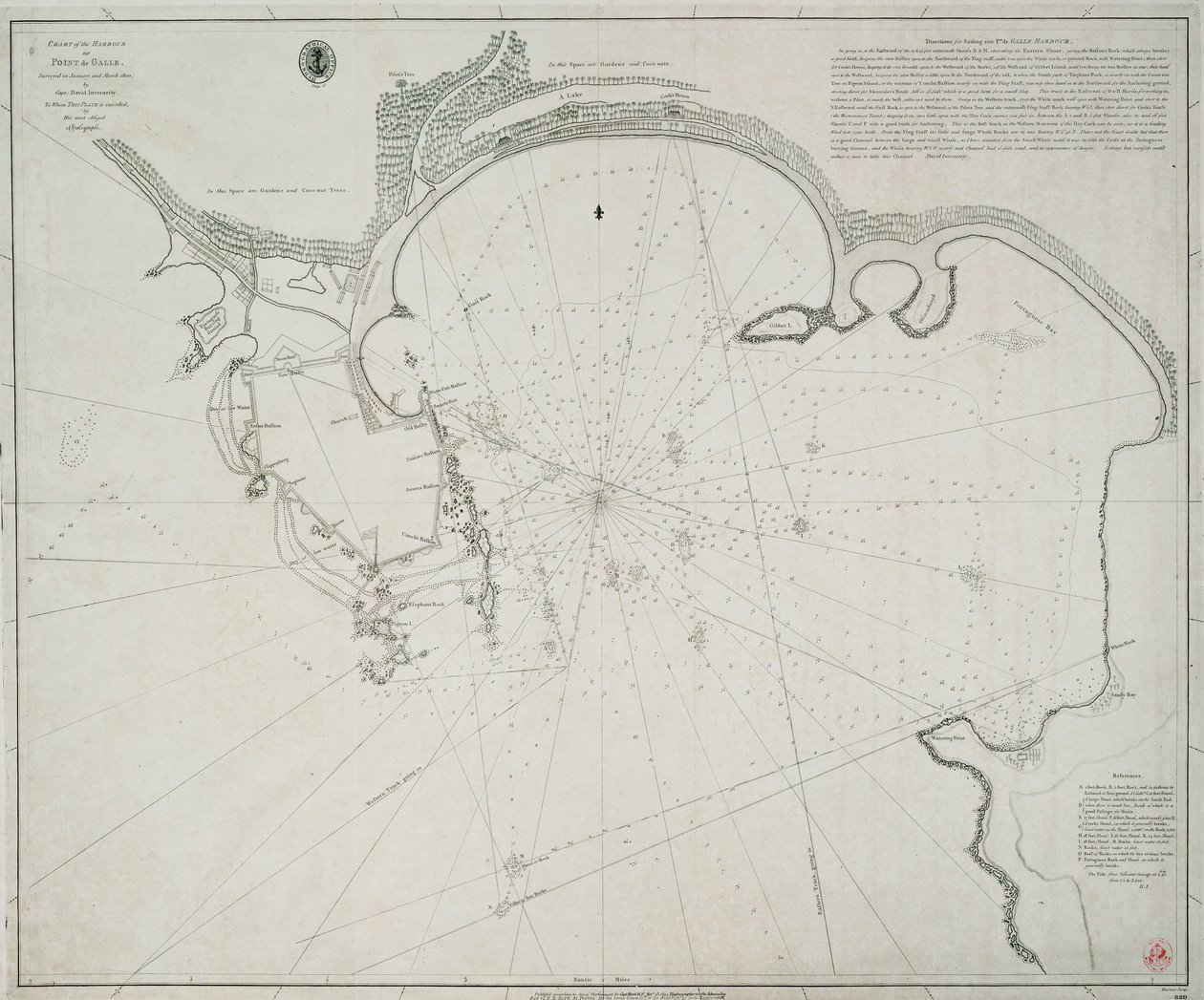 Point de Galle kikötőjének térképe. Felmérte 1800 januárjában és márciusában David Inverarity kapitány. Akinek ezt a táblát a leghálásabb A. Dalrymple írta. alkotó: Alexander Dalrymple