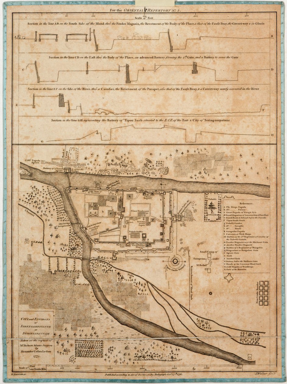 Sirengampatanne vagy Seringapatnam városa és környéke, melyet Robert Adams sebész úr kérésére Alexander Cesars LeGou 1775-ben készített. alkotó: Alexander Dalrymple