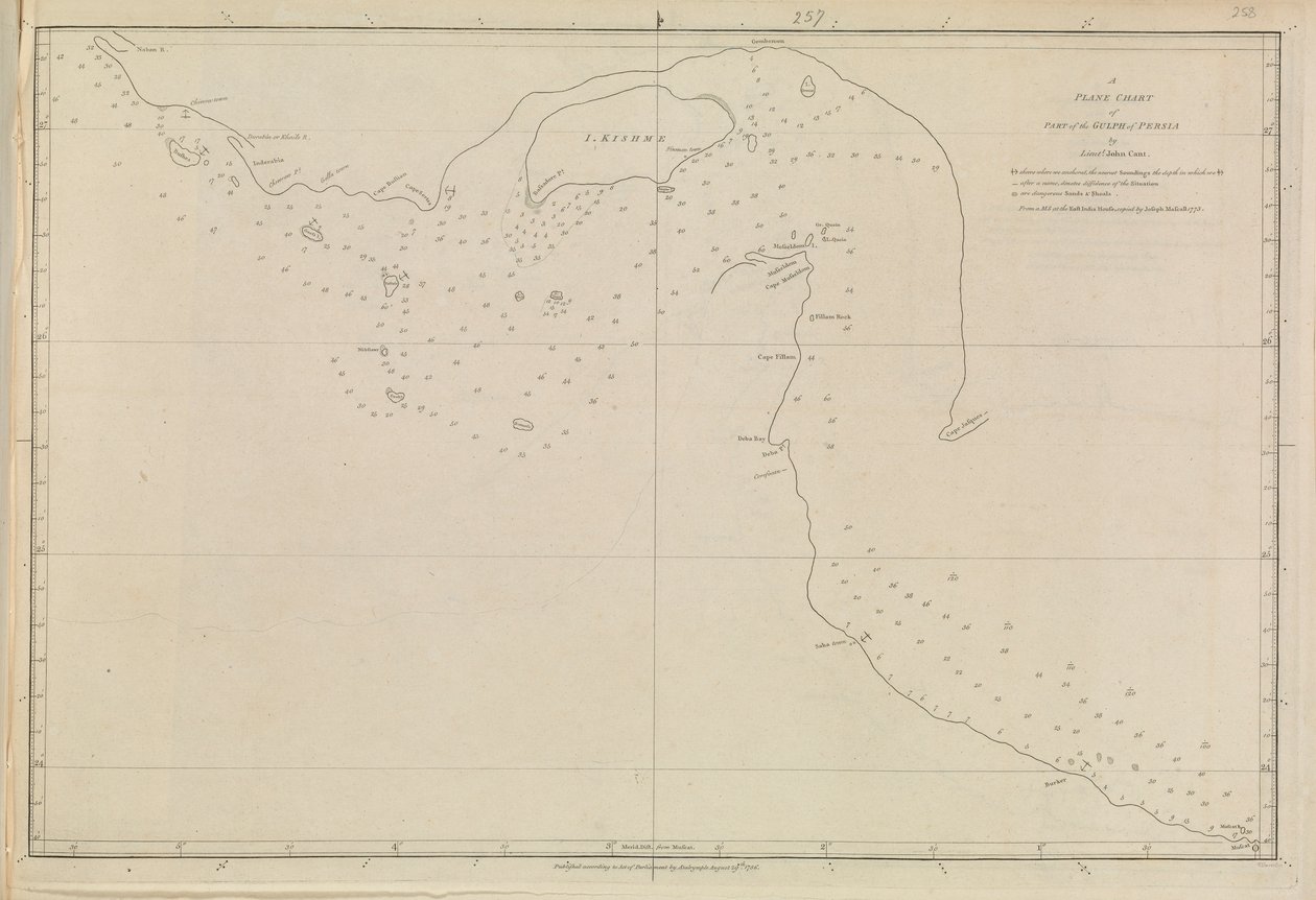 Plans of Ports, Dalrymple, Alexander 1791-ben megjelent. A Perzsa-öböl síkbeli térképe, John Cant hadnagy 1773. alkotó: Alexander Dalrymple