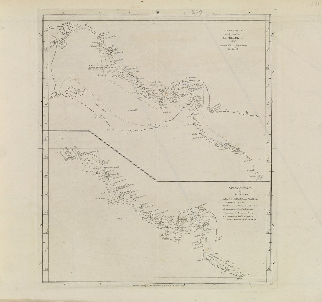 Plans of Ports, Dalrymple, Alexander published in 1791 ID Number 41167-2001 A Perzsa-öböl egy részének síkbeli térképe, részben javítva Edward Harvey hadnagy által 1778-ban. alkotó: Alexander Dalrymple