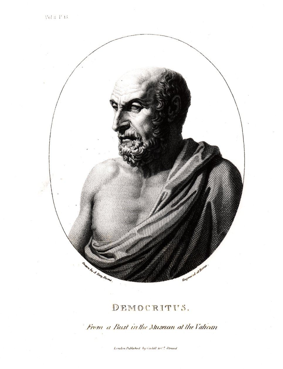 Démokritosz (Kr. e. 460-kb. 370 körül), a Vatikáni Múzeumban található mellszoborból vésve alkotó: Alexander Day