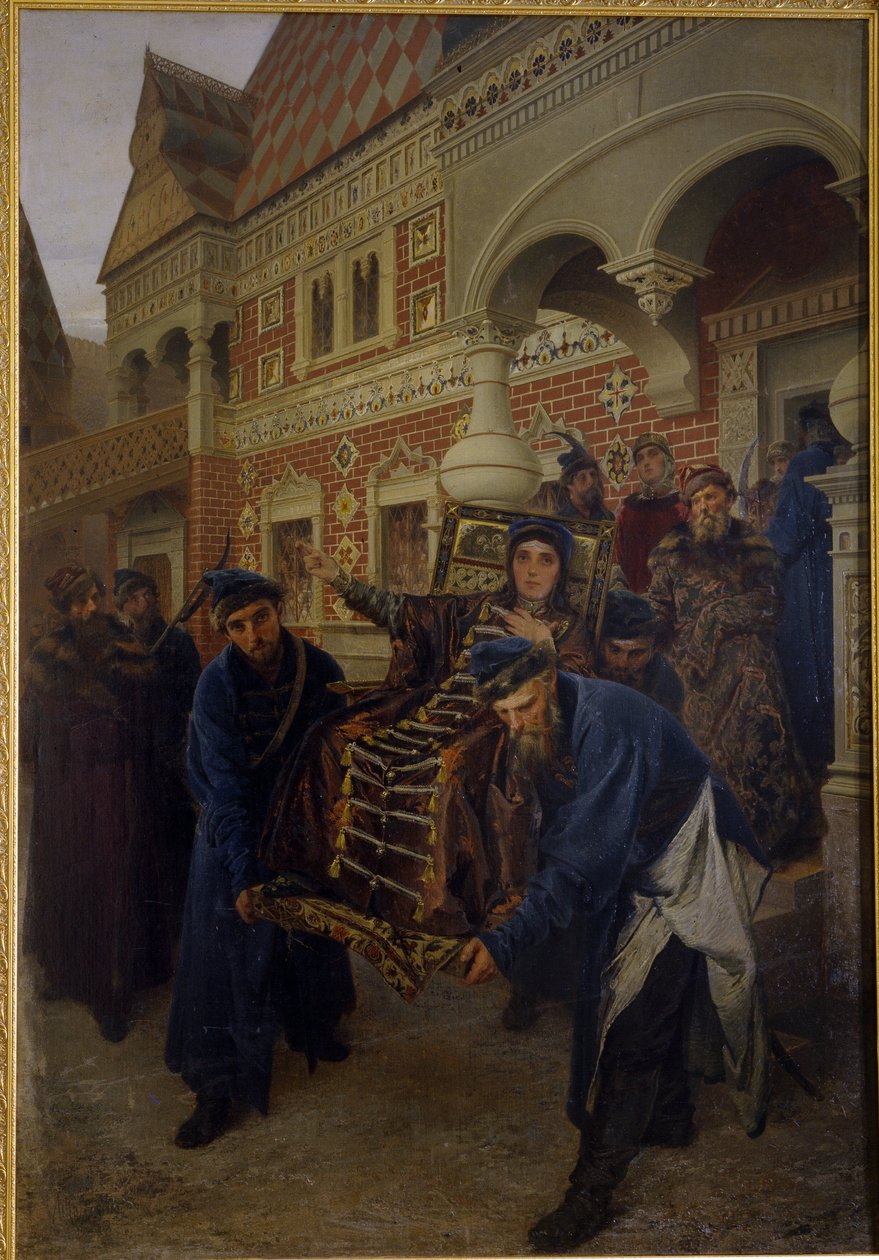 Bojarin Morozova. (Boyarynya Morozova). Feodosia Prokofjevna Morozova (1632-1675), az óhitűek rítusának buzgó híve, Theodora néven szerzetesi fogadalmat tett. Letartóztatása közben írják le a pat támogatói alkotó: Alexander Dimitrievitch Litovtchenko