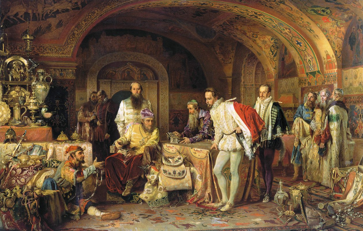 IV. Ivan orosz bemutatja kincseit I. Erzsébet angol királynő nagykövetének, 1875 alkotó: Alexander Dmitrievich Litovchenko