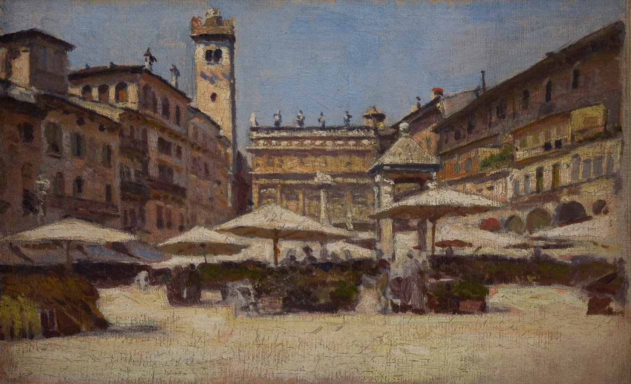 Piazza delle Erbe Veronában, 1900 körül (olaj, vászon) alkotó: Alexander Gierymski