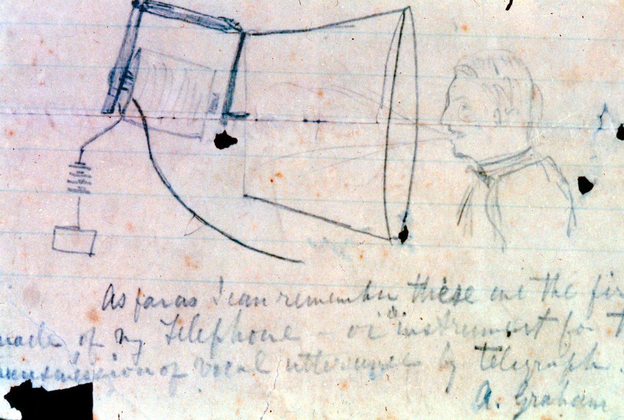 Vázlat Alexander Graham Bell 1876-os telefonjáról alkotó: Alexander Graham Bell