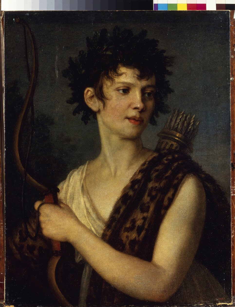 Evgenia Kolosova (1782-1869) színésznő és balerina portréja. (E. Kolosova színésznő és balett-táncos portréja). Íjjal és nyilakkal teli tegezben látható, tölgylevelekkel koronázva, leopárdbőrbe öltözve. pei alkotó: Alexander Grigoryevich Vanek