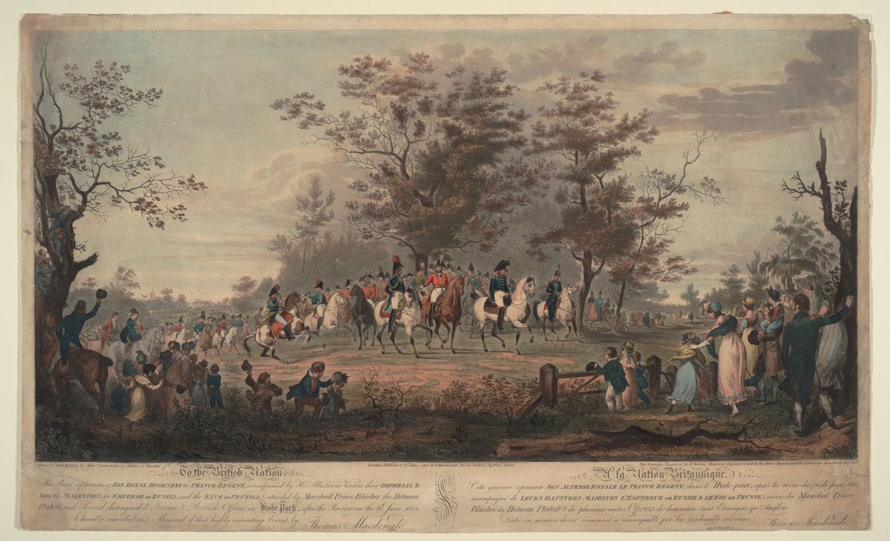 Régens herceg, III. Vilmos porosz, I. Sándor, Blücher tábornok és Platov hetman felülvizsgálja a csapatokat alkotó: Alexander Ivanovich Sauerweid
