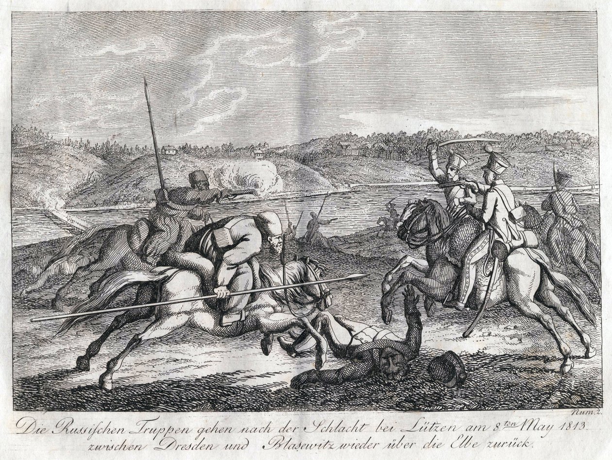 Az orosz csapatok a lutzeni csata után indulnak vissza az Elbán át - Sauerweid, Alekszandr Ivanovics (1783-1844) - 1813 - Rézkarc - 21x26 - Magángyűjtemény alkotó: Alexander Ivanovich Sauerweid