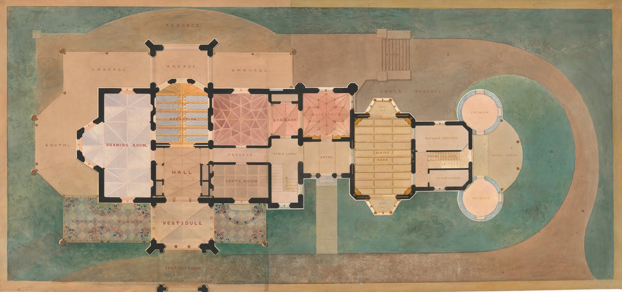 Lyndhurst George Merritt számára, Tarrytown, New York, első alaprajz, 1865. alkotó: Alexander Jackson Davis